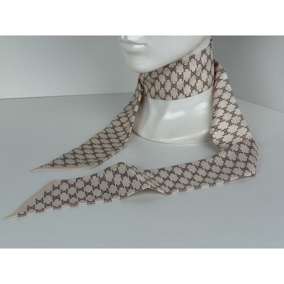 Celine Skinny Ribbon Silk Scarf Beige & Purple LAVALLIERE IN TRIOMPHE SILK TWILL - Picture 1 of 5